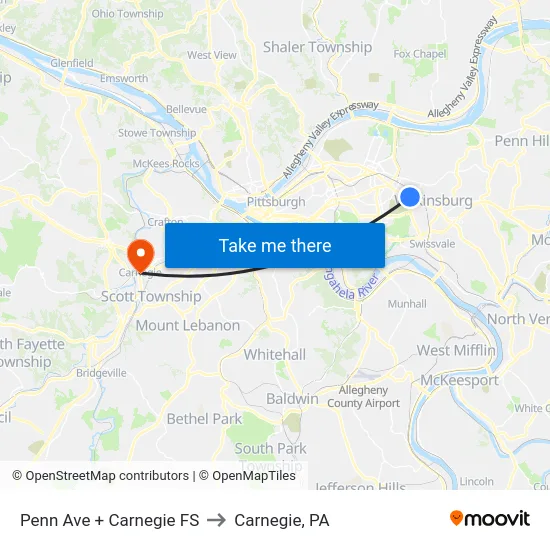 Penn Ave + Carnegie FS to Carnegie, PA map