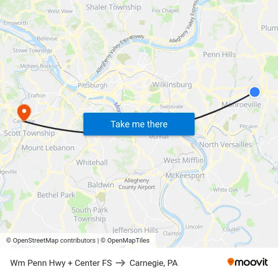 Wm Penn Hwy + Center FS to Carnegie, PA map