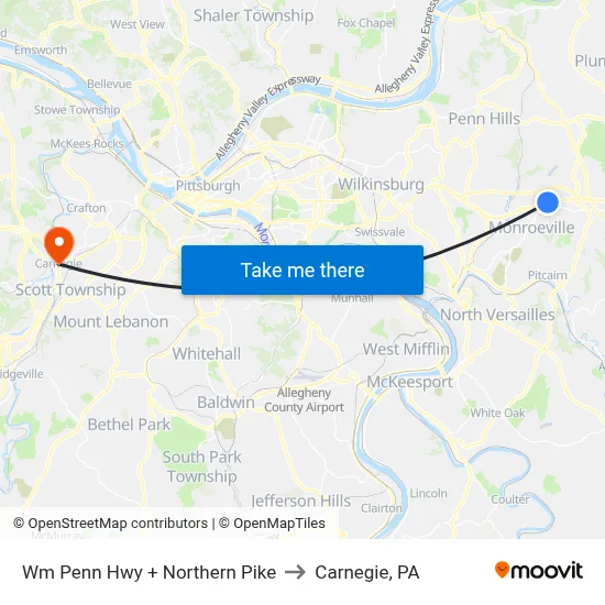 Wm Penn Hwy + Northern Pike to Carnegie, PA map