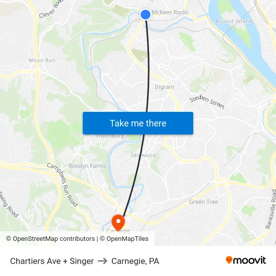 Chartiers Ave + Singer to Carnegie, PA map