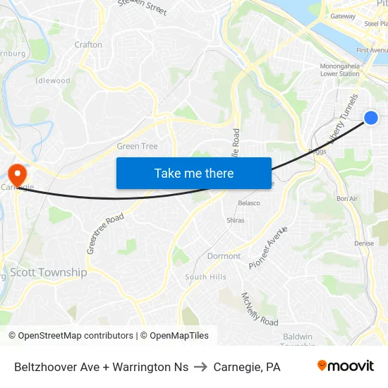 Beltzhoover Ave + Warrington Ns to Carnegie, PA map
