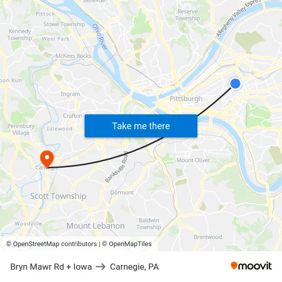Bryn Mawr Rd + Iowa to Carnegie, PA map