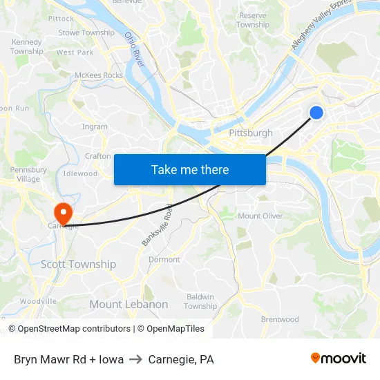 Bryn Mawr Rd + Iowa to Carnegie, PA map