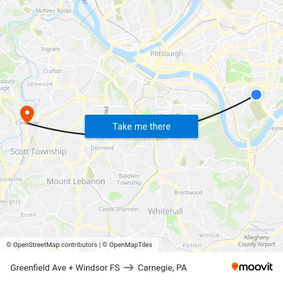 Greenfield Ave + Windsor FS to Carnegie, PA map