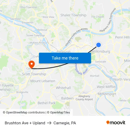 Brushton Ave + Upland to Carnegie, PA map