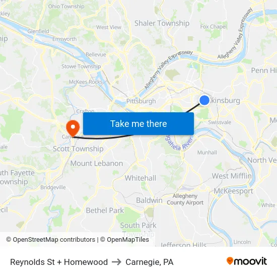 Reynolds St + Homewood to Carnegie, PA map