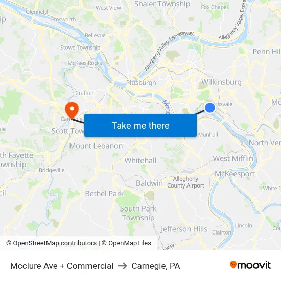 Mcclure Ave + Commercial to Carnegie, PA map