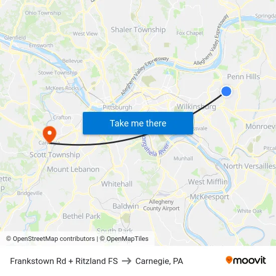 Frankstown Rd + Ritzland FS to Carnegie, PA map