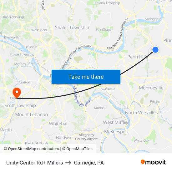 Unity-Center Rd+ Millers to Carnegie, PA map