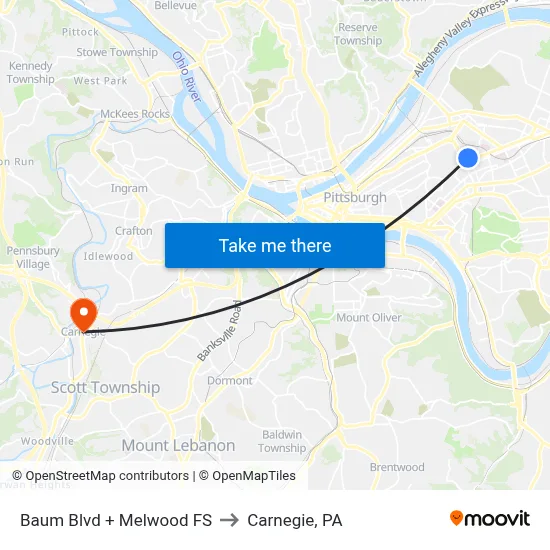 Baum Blvd + Melwood FS to Carnegie, PA map