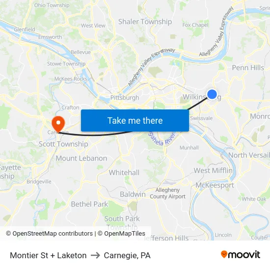 Montier St + Laketon to Carnegie, PA map