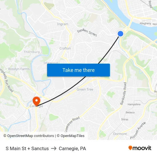 S Main St + Sanctus to Carnegie, PA map