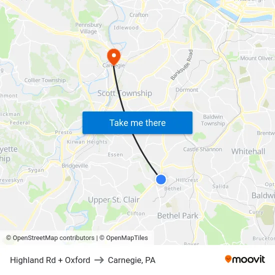 Highland Rd + Oxford to Carnegie, PA map