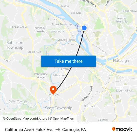 California Ave + Falck Ave to Carnegie, PA map