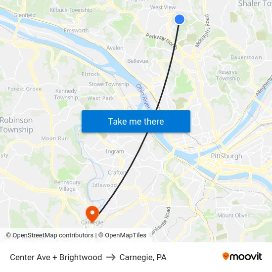 Center Ave + Brightwood to Carnegie, PA map