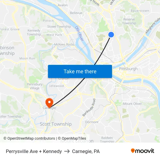 Perrysville Ave + Kennedy to Carnegie, PA map