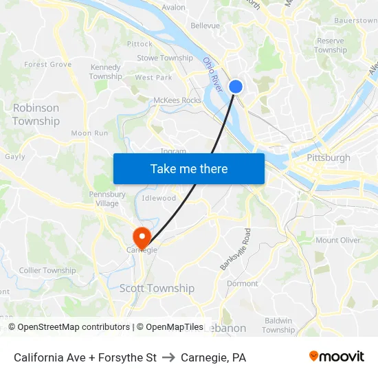 California Ave + Forsythe St to Carnegie, PA map