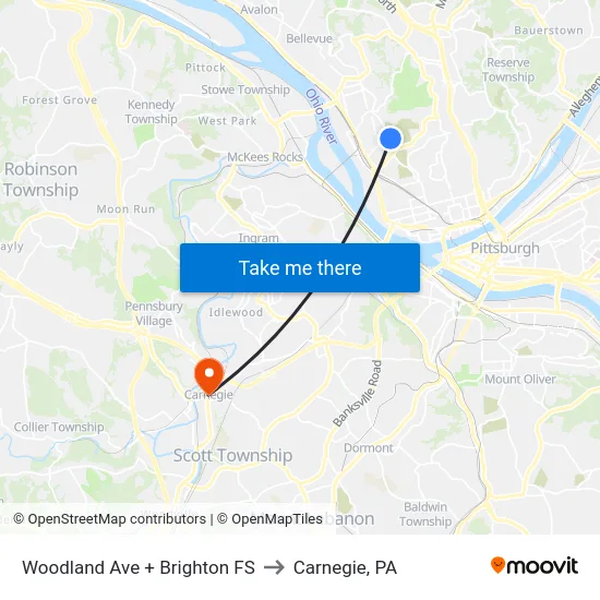 Woodland Ave + Brighton FS to Carnegie, PA map