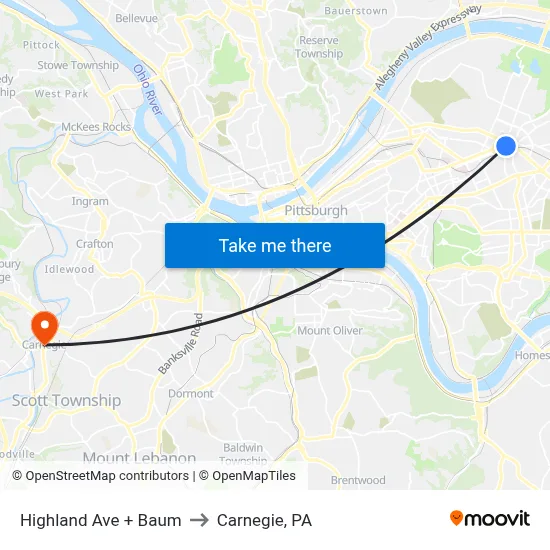 Highland Ave + Baum to Carnegie, PA map