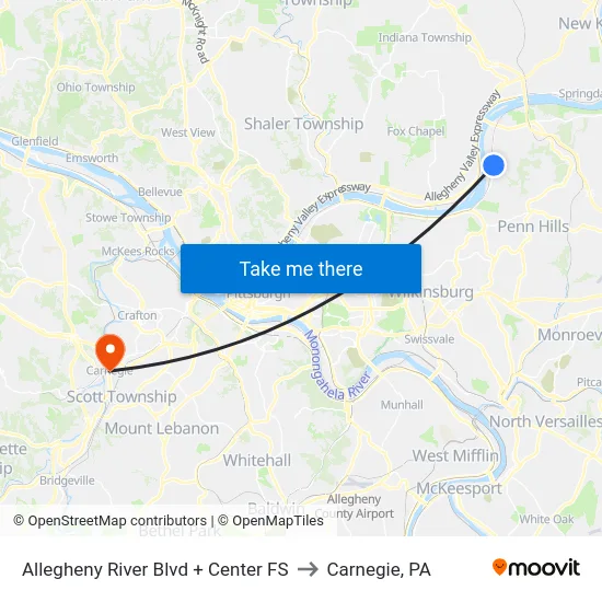 Allegheny River Blvd + Center FS to Carnegie, PA map