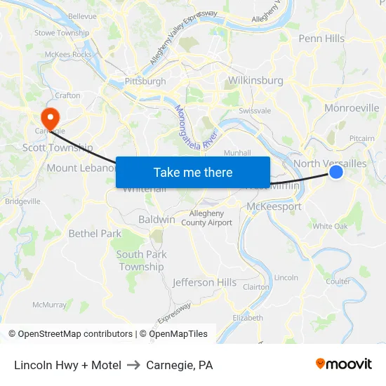 Lincoln Hwy + Motel to Carnegie, PA map