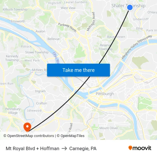 Mt Royal Blvd + Hoffman to Carnegie, PA map