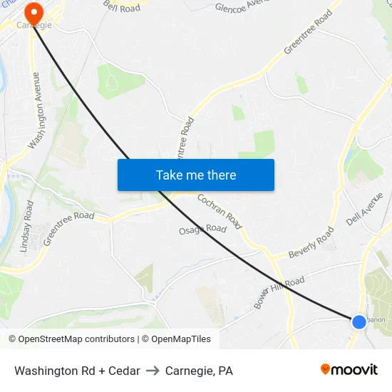 Washington Rd + Cedar to Carnegie, PA map