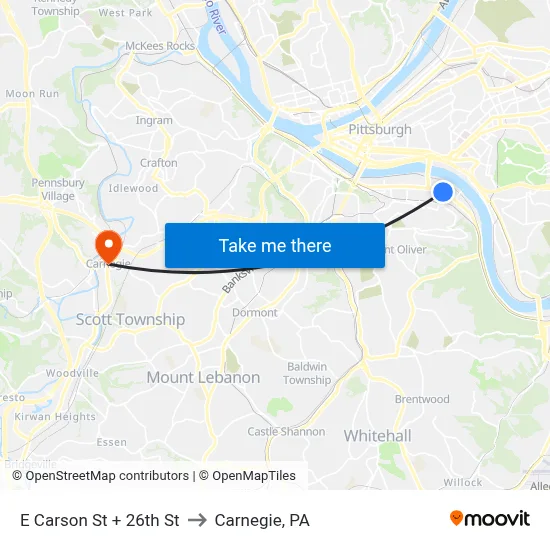 E Carson St + 26th St to Carnegie, PA map