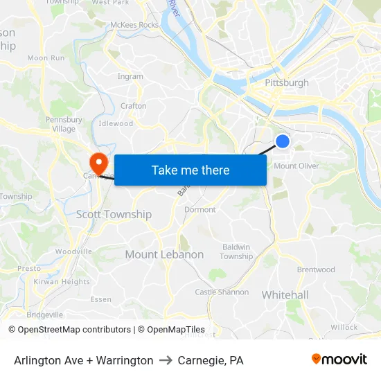 Arlington Ave + Warrington to Carnegie, PA map