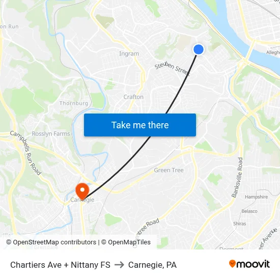 Chartiers Ave + Nittany FS to Carnegie, PA map