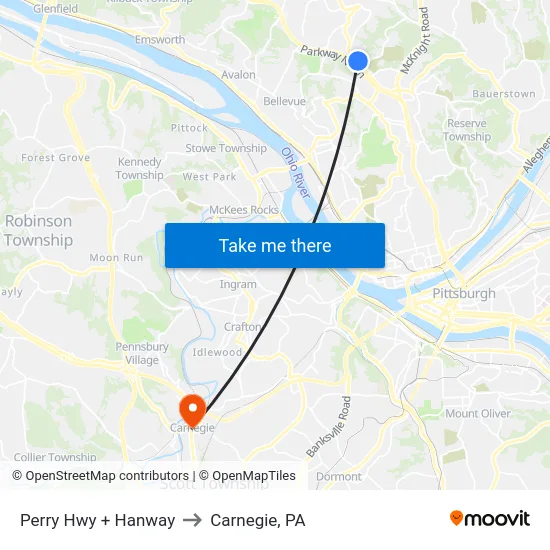 Perry Hwy + Hanway to Carnegie, PA map