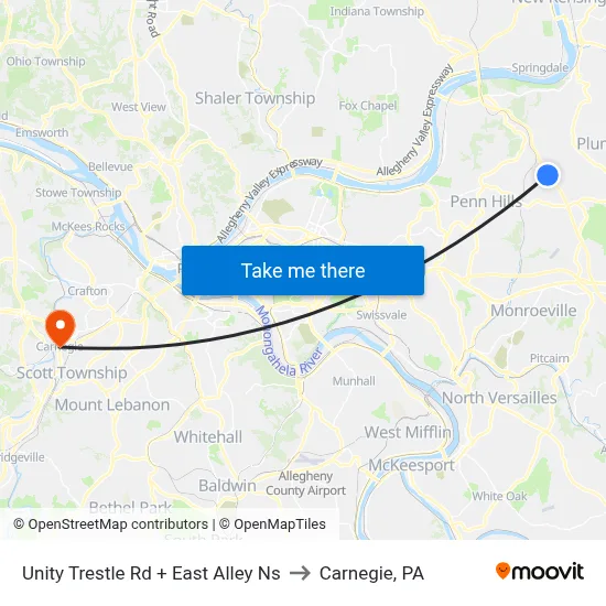 Unity Trestle Rd + East Alley Ns to Carnegie, PA map