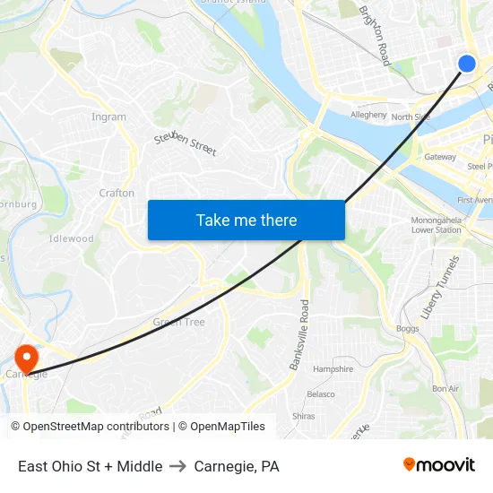 East Ohio St + Middle to Carnegie, PA map