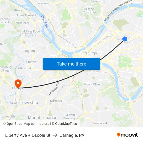 Liberty Ave + Oscola St to Carnegie, PA map