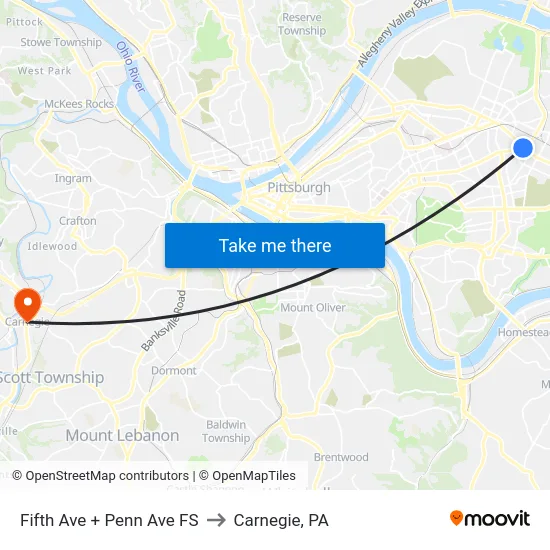 Fifth Ave + Penn Ave FS to Carnegie, PA map