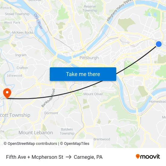 Fifth Ave + Mcpherson St to Carnegie, PA map
