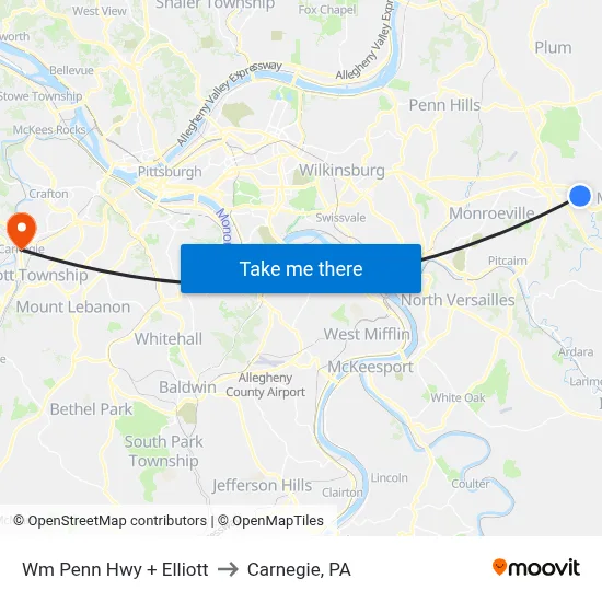 Wm Penn Hwy + Elliott to Carnegie, PA map