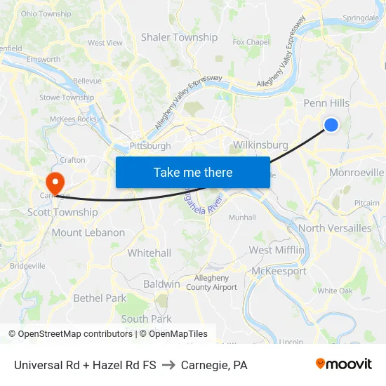 Universal Rd + Hazel Rd FS to Carnegie, PA map