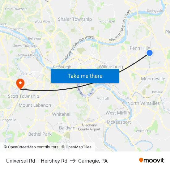 Universal Rd + Hershey Rd to Carnegie, PA map