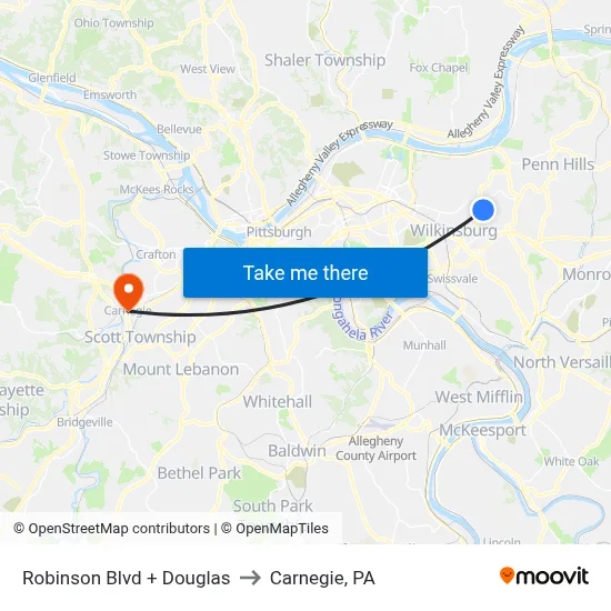 Robinson Blvd + Douglas to Carnegie, PA map