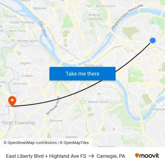 East Liberty Blvd + Highland Ave FS to Carnegie, PA map