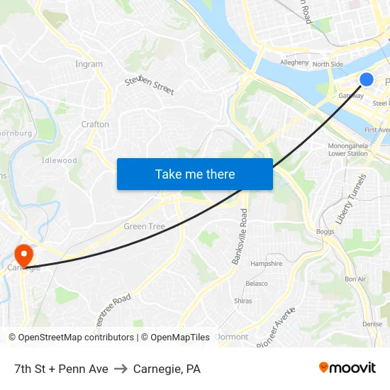 7th St + Penn Ave to Carnegie, PA map
