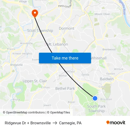 Ridgevue Dr + Brownsville to Carnegie, PA map