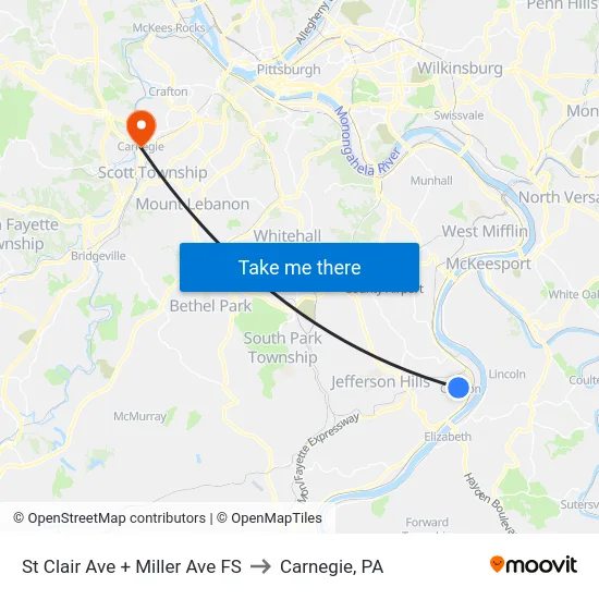 St Clair Ave + Miller Ave FS to Carnegie, PA map