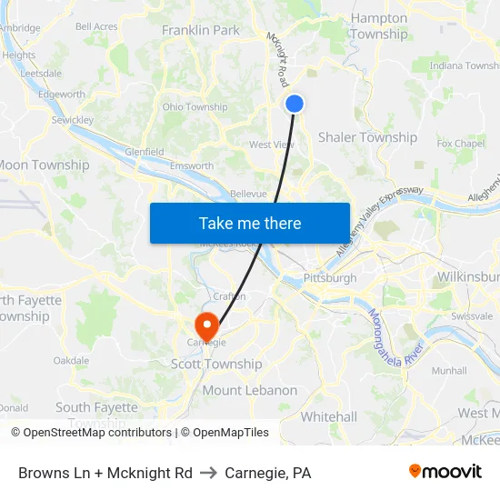 Browns Ln + Mcknight Rd to Carnegie, PA map