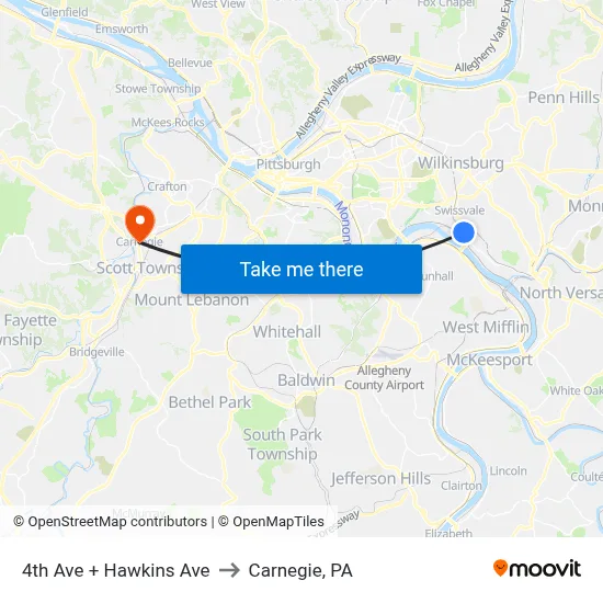 4th Ave + Hawkins Ave to Carnegie, PA map