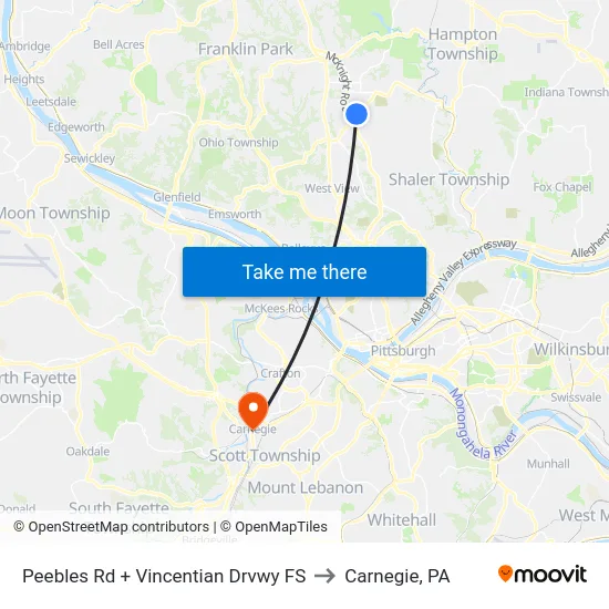 Peebles Rd + Vincentian Drvwy FS to Carnegie, PA map