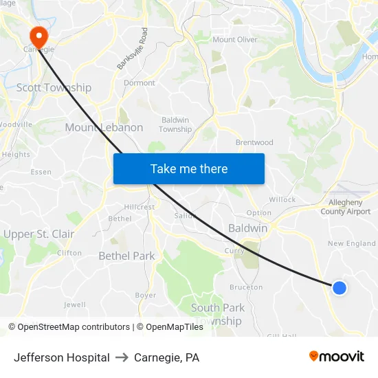 Jefferson Hospital to Carnegie, PA map