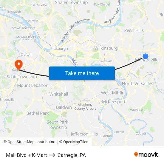 Mall Blvd + K-Mart to Carnegie, PA map