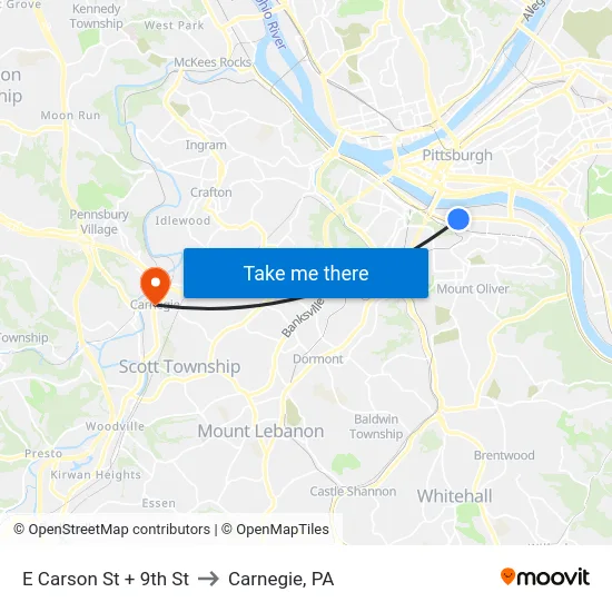 E Carson St + 9th St to Carnegie, PA map